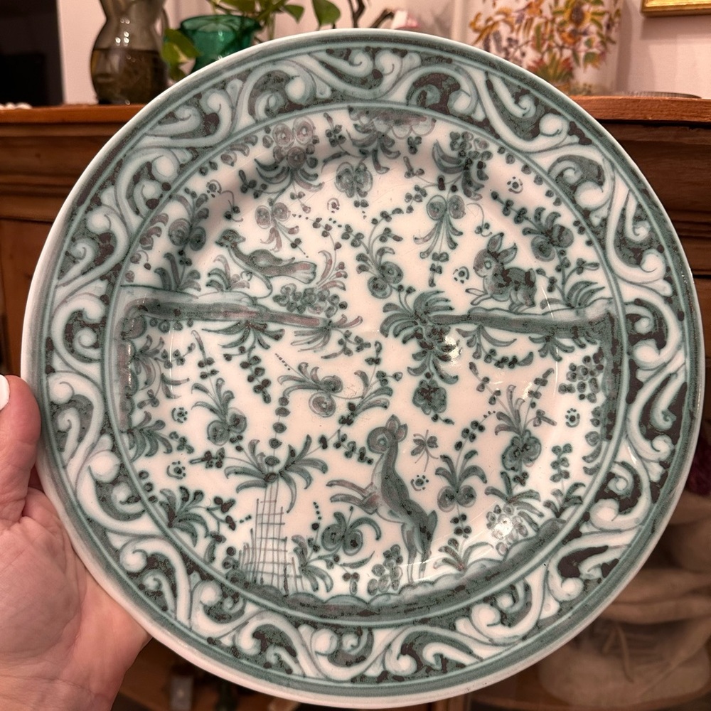 Vintage Hand Painted Green French faience ceramic plate w/ Deer, Bird & Rabbit